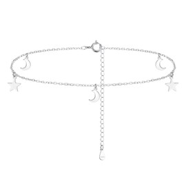 Kamise Silver Anklet for Women, 22+5cm Resizeable Chain Star Moon Anklet, 925 Sterling Silver Adjustable Anklet Bracelet for Lady, Summer Barefoot Beach Water Resistant Ankle Silver Bracelet Gift Box
