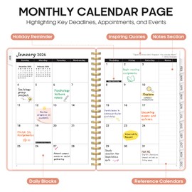 2026 Planner, Weekly and Monthly Calender Planner, Jan 2026 to Dec 2026, Hardcover 2026 Calendar Planner Book with Tabs & Inner Pocket, Office Home School Supplies for Women & Men - A5 (6.3" x 8.5"), Pink