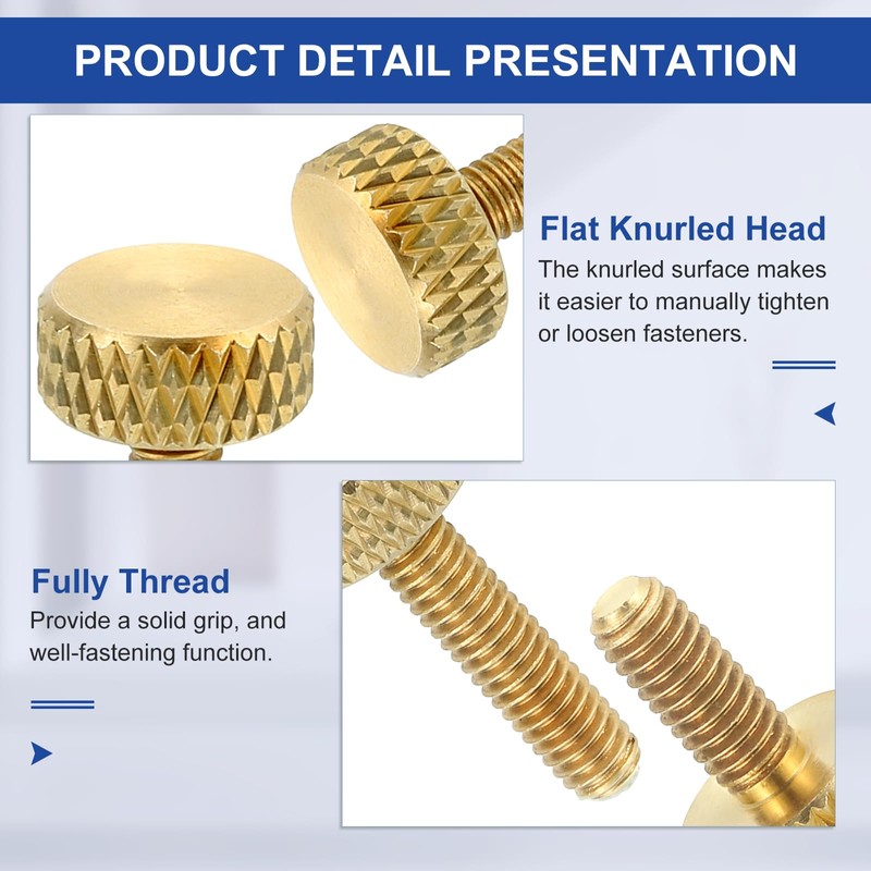 sourcing map 5Pcs M4x10mm Brass Knurled Thumb Screws, Flat Grip