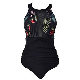 Viloree Women's Slimming Swimming Costume - Ruched One-Piece High Neck Swimwear, Beachwear, Flowers #2, m