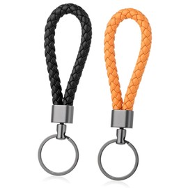 TUYOBG 2Pcs Braided Leather Keychain, Handwoven Leather Keychain for Women, Weave Faux Leather Key Holder, Key Fob Hanging Ornament Business Gift for Men and Women Car Home Office Keys(Black,Orange)