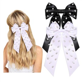 Boderier 2Pack Hair Bows for Women Crystal Satin Hair Bows Hair Clip 10 Inches Long Tail Ribbon Bow Barrette Hair Clip Hair Accessories for Women Black White