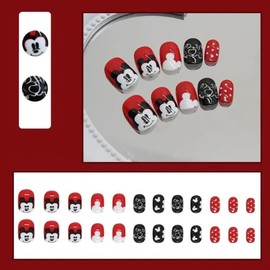 Ztcily Falsche Nägel für Kinder, kurz, quadratisch, rot, schwarz, mit Kleber, Zubehör oder Geschenkidee für Weihnachten / Neujahr / Geburtstag