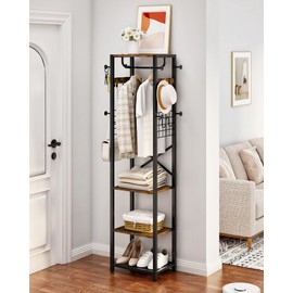 CHOEZON Coat Rack Freestanding, Hall Tree with 3 Storage Shelves, Coat Stand with 16 Hooks and Hanging Rail, Industrial Clothes Stand for Entryway, Hallway, Bedroom, Rustic Brown and Black TYM18BF