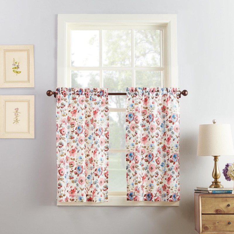 No. 918 Dora Floral Microfiber 3-Piece Kitchen Curtain Set, 54"