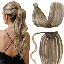 LaaVoo Ponytail Extensions, Real Hair Braid, Brown Hair Extensions, Light Brown Highlights Platinum Blonde, Real Hair Ponytail Extensions, Natural, 30 cm, 70 g, #P8/60