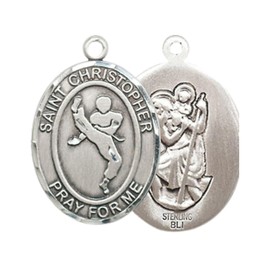 Medium Mens Sterling Silver Saint Christopher Martial Arts Medal Pendant on 24" Rhodium Plated Heavy Curb Brass Chain w/ Lobster Claw Clasp,Catholic Religious Necklace -Made in USA-Gift Boxed
