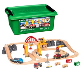 BRIO World Cargo Railway Deluxe - Wooden Track Train Set - Battery-Powered Engine, 3 Cranes, Bridge, Truck - Kids Ages 3+ - Compatible with All BRIO Sets - FSC Certified Wood - 54-Pieces