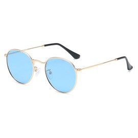 RUNHUIS Small Round Polarised Sunglasses Women Men Vintage Classic Super Light Metal Frame Glasses Retro Fashion Glasses for Driving Fishing, Gold/Blue