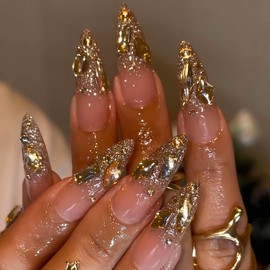 RUOKEXIN Long Stiletto Press on Nails French Tip Fake Nails Gold Glitter False Nails with Rhinestones Designs Almond Glue on Nail Press ons Sparkly Artificial Nails Cute Stick on Nails for Women 24Pcs