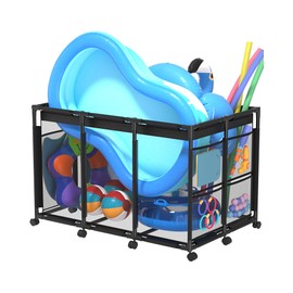 SHAPON Pool Storage Bin XX-Large, Nylon Mesh Pool Float Storage Organizer for Noodles, Goggles, Floats & Balls, Outdoor Pool Toy Storage with Rolling Cart for Swimming Equipments, Black
