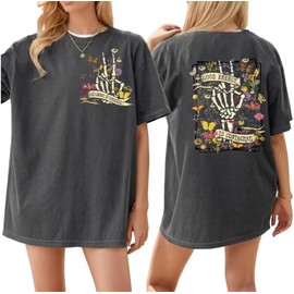 Womens Flowers Skeleton Oversize Graphic Tshirts Good Energy Oversized Graphic Tees Vintage Tees Shirts Dark Grey,XL