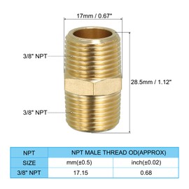 PATIKIL Solid Brass Hex Nipple Pipe Fitting Thread Adapter, 3 Pack 3/8" NPT x 3/8" NPT Male Water Line Connectors Couplings