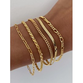 DEARMAY Dainty 14K Gold Chain Bracelets for Womens Trendy Waterproof Real Gold Plated Jewelry Set Fashion Stackable Beaded Figaro Herringbone Link Bracelet Pack Stack Gifts for Women