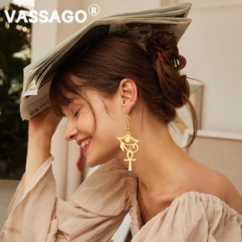 Ankh Cross Earrings for Women Eye of Horus Dangle Earrings Stainless Steel Ancient Egyptian Drop Earring Protection Jewelry Religious Gift (Gold Eye of Horus with Ankh Earrings)