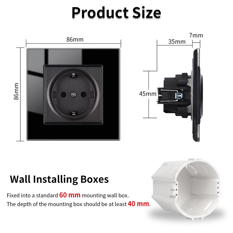 JIMEIDA Glass Socket Single Black Flush-Mounted Protective Contact Wall Socket