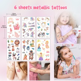Dawnglow Children's Unicorn Tattoos, 6 Sheets Metallic Temporary Tattoo, Children's Princess Tattoos, Animal Tattoos, Skin-friendly Children's Temporary Tattoos