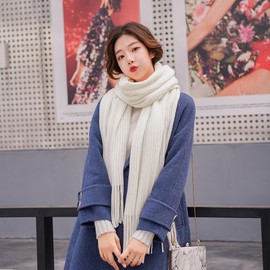 Anjing Women's Scarf with Fringes, Cashmere Feel Scarves, Cuddly Warm Winter Scarf, Thick, Plain, White, White