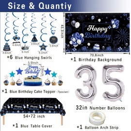 Miidenks 35th Birthday Decorations Set for Men, Navy Blue Silver Black Happy 35 Birthday Party Decorations with Birthday Backdrop Banner Birthday Tablecloth 35 Number Balloons for Him