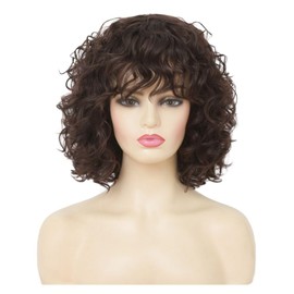 Siudus Short Brown Curly Wig for Women with Fringe Shoulder Length Natural Synthetic Hair Wigs for Daily Party Use
