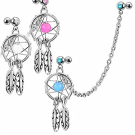 Autiga Dream Catcher Ear Piercing with Chain Tragus Helix Cartilage Dream Catcher Feather, Stainless Steel, Crystal