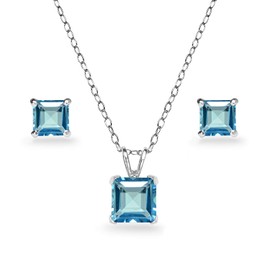 B. BRILLIANT Sterling Silver London Blue Topaz Square Solitaire Necklace & Stud Earrings Jewelry Set