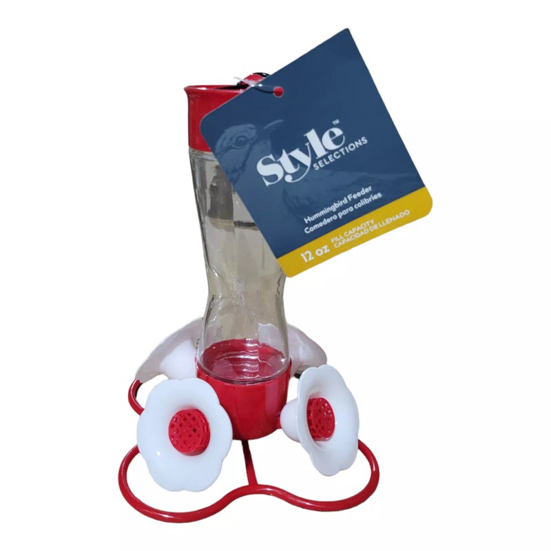 Style Selections- Glass Hummingbird Feeder, 12oz, 4 Stations w/Bee Guard