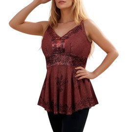 Agan Traders 2025 Summer Spaghetti Strap Adjustable Sleeveless Embroidered Asymmetrical Flared Tank Top Blouse (121, M, Bur) Burgundy
