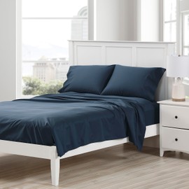 Cuddledown Dreamstead 100% Cotton Bed Sheets Set | 300 Thread Count | Luxurious Sateen Weave | Pure Combed Cotton | Soft | Wrinkle Resistant | 4 Piece Set | Navy | King | 78” x 80”