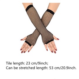 AISIBO Long Fishnet Gloves, 2PCS Long Fishnet Gloves Fingerless, Fishnet Satin Gloves for 80s Costume Evening Party Supplies(Black, White)