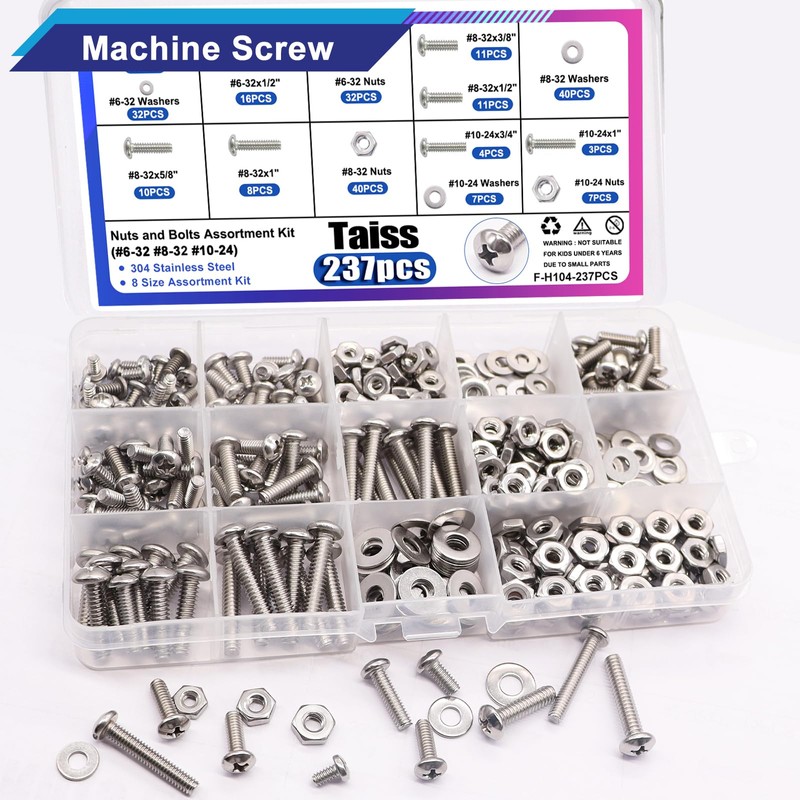 Taiss Machine Screws Nuts and Bolts Assortment Kit,304 Stainless Steel