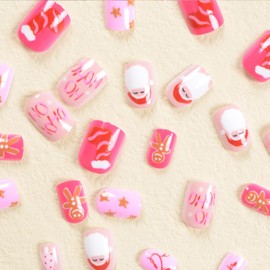 24Pcs Christmas Square Press on Nails Short Fake Nails with Santa Claus Xmas Socks Star Letter Design Pink Coffin Glue on Nails Short Acrylic False Nails Artificial Nails for Women Winter Manicure