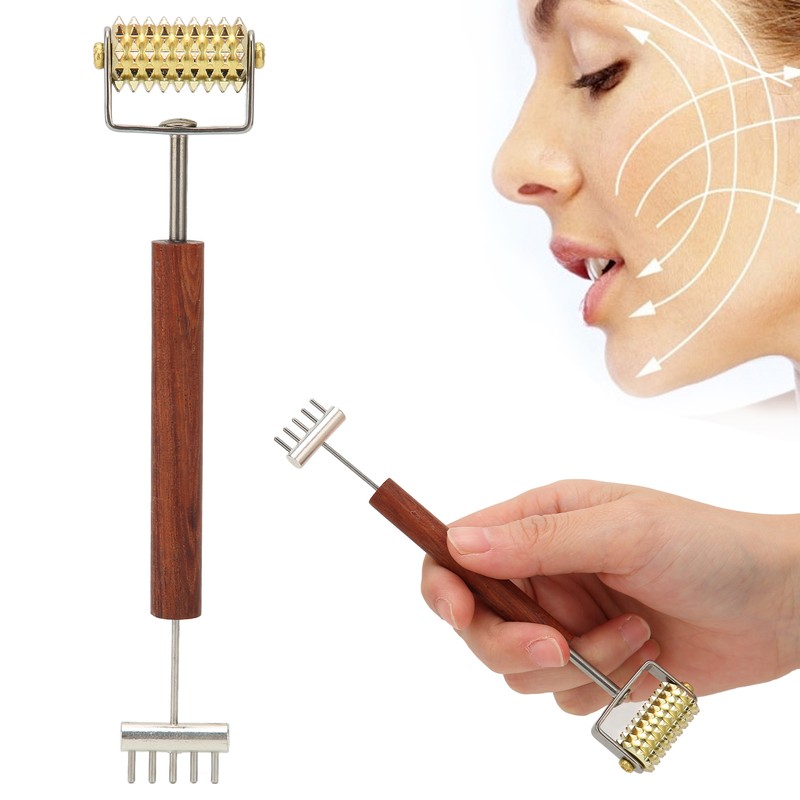 Face Massage Roller Copper Wooden Handle Promote Blood Circulation Double