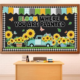 Justforjoyful Spring Sunflower Bulletin Board Decoration Set Sunflowers Truck Cutouts Yellow Flower Butterfly Bulletin Board with Black Plaid Borders for Classroom Home Nursery Wall Door School Decor