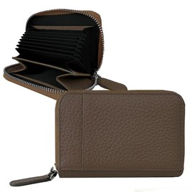 Giselle Card Case, Genuine Leather, Large Capacity, Compact, Bifold Wallet, Small, Thin, Mini Wallet, Jabara, Pass Case, Coin Purse, Women's, Men's, Braun
