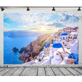 CORFOTO 7x5ft Fabric Greece Photo Backdrop Santorini Island Oia Village Photography Background for Greece Themed Party Banner Mamma Mia Birthday Decor Bridal Shower Photoshoot Booth Studio Props