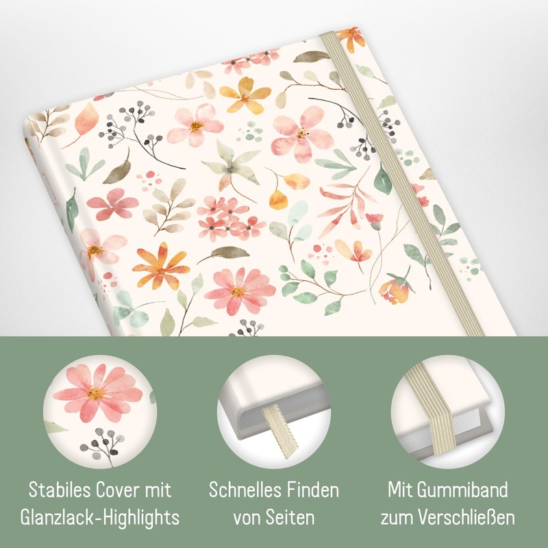 paper&you® Bullet Journal Dotted A5 with Elastic Band "Wild Blossoms"