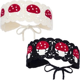 2Pcs Crochet Headbands for Women, Hippie Mushroom Crochet Hair Bandana, Vintage Handmade Knit Hairband Breathable Head Wrap for Girls (White+Black, One size)
