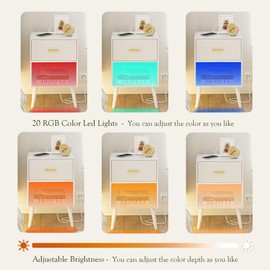 Aienvey Nightstand with Charging Station and LED Lights, Small Side Table, Bedside Table with Drawer, Modern Night Stand, End Table for Bedroom, Living Room, Light White