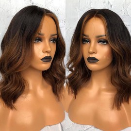 oulaer 13x6 Loose Wave Highlights 1b30 Short Bob Human Hair Wig HD Transparent Lace Front wig Brazilian Hair 14inch Ombre Black Brown Color 150% Density Short Wig Wave Pre Plucked With Baby Hair