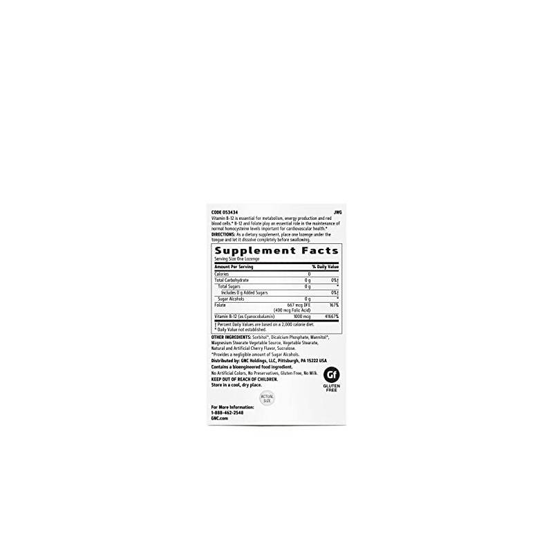 GNC Vitamin B-12 1000mcg, Cherry, Supports Energy Production, 120 Lozenges