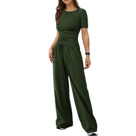 LICOBOD Asymmetrical 2 piece lounge set women short sleeve travel Outfits Comfy Loungewear Wide Leg Pants Casual Tracksuit