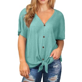 OLRIK Womens Plus Size Tops Short Sleeve V Neck Waffle Knit Tunic Blouse Tie Front Button Up T Shirts Blue Green-3X
