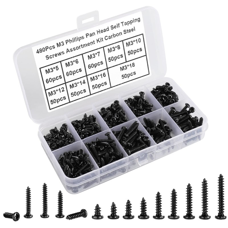 FandWay 480Pcs M3 Phillips Pan Head Self-Tapping Screws, Carbon Steel