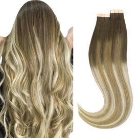 HOTBANANA Tape in Hair Extensions - 16 Inch 40pcs 100g Ombre Walnut Brown to Ash Brown and Bleach - Straight Remy Human Hair