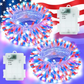FFZZKJ 4th of July Decorations Red White and Blue Lights String Total 100 LED 33ft for Memorial Day Decorations, Battry Operated Outdoor Waterproof with Timer Patriotic for Independence Day, 2-Pack