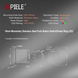 APIELE 16mm 12V Momentary Speaker Horn Push Button Toggle Switch 0.63" Mounting Hole 1NO 1NC with Pre-Wiring Socket for Car Auto Motor (Red/Silver Shell)