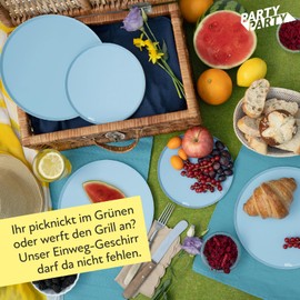 PARTY PARTY Pack of 8 Round Paper Plates, Diameter 23 cm, Plain Blue, Ideal for Cold and Hot Food at Birthday or Party