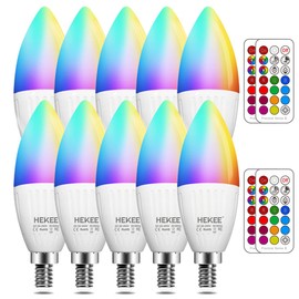 HEKEE E12 B11 LED Candle Light Bulbs, Color Changing, 40W Incandescent Equivalent, 450 Lumen, RGB + 2700K Warm White, 5Watt, 12 Colors, 2 Modes, Timer, Remote Control(10 Pack)