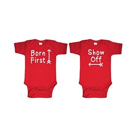 Live Nice BORN FIRST - SHOW OFF! - twins siblings - TWO Infant Bodysuit COMBO, NB, Red